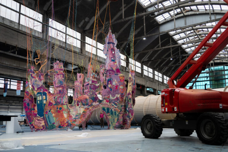 Mona Cara’s Le Cactus in the process of being assembled, 2024. © Adagp, Paris, 2024. Photo: La Biennale de Lyon / Elyes Esserhane.